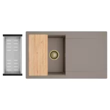 HD Onyx Tortora 86 egymedencés gránit mosogatótálca szett, csepegtetőtálcával, vágódeszkával, acél csepegtetőkosárral, tortora színben, szálcsiszolt arany leeresztő szifonnal