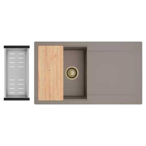 HD Onyx Tortora 86 egymedencés gránit mosogatótálca szett, csepegtetőtálcával, vágódeszkával, acél csepegtetőkosárral, tortora színben, szálcsiszolt arany leeresztő szifonnal