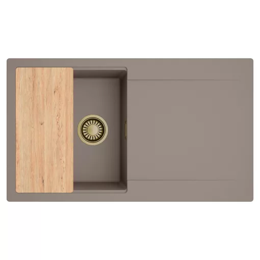 HD Onyx Tortora 86 egymedencés gránit mosogatótálca, vágódeszkával, tortora színben, szálcsiszolt arany leeresztő szifonnal