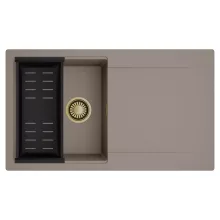 HD Onyx Tortora 86 egymedencés mosogatótálca szett, matt fekete csepegtetőkosárral, csepegtetőtálcával, tortora színben, szálcsiszolt arany leeresztő szifonnal