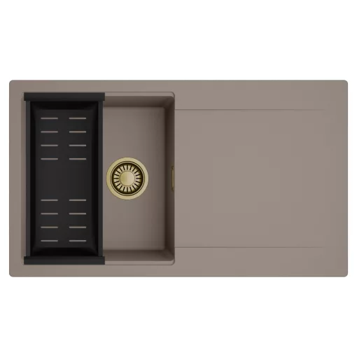 HD Onyx Tortora 86 egymedencés mosogatótálca szett, matt fekete csepegtetőkosárral, csepegtetőtálcával, tortora színben, szálcsiszolt arany leeresztő szifonnal