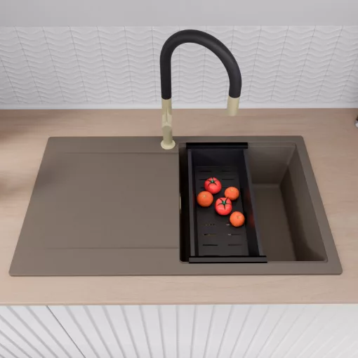 HD Onyx Tortora 86 egymedencés mosogatótálca szett, matt fekete csepegtetőkosárral, csepegtetőtálcával, tortora színben, szálcsiszolt arany leeresztő szifonnal