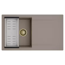 HD Onyx Tortora 86 egymedencés mosogatótálca szett, acél csepegtetőkosárral, csepegtetőtálcával, tortora színben, szálcsiszolt arany leeresztő szifonnal