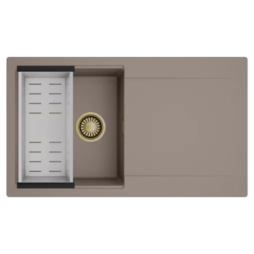 HD Onyx Tortora 86 egymedencés mosogatótálca szett, acél csepegtetőkosárral, csepegtetőtálcával, tortora színben, szálcsiszolt arany leeresztő szifonnal