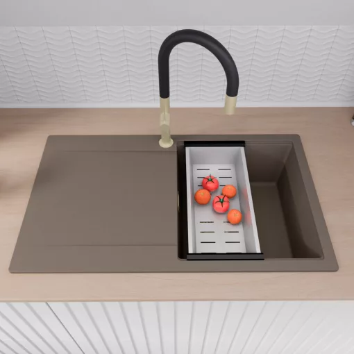 HD Onyx Tortora 86 egymedencés mosogatótálca szett, acél csepegtetőkosárral, csepegtetőtálcával, tortora színben, szálcsiszolt arany leeresztő szifonnal