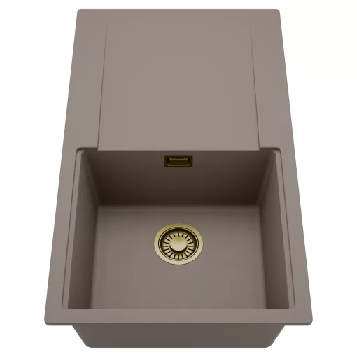 HD Onyx Tortora 86 egymedencés mosogatótálca, csepegtetőtálcával, tortora színben, szálcsiszolt arany leeresztő szifonnal