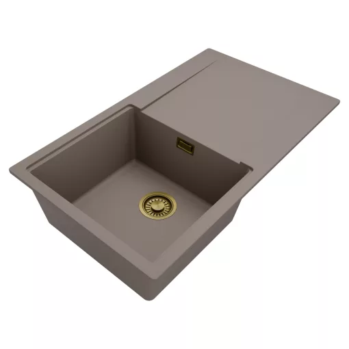 HD Onyx Tortora 86 egymedencés mosogatótálca, csepegtetőtálcával, tortora színben, szálcsiszolt arany leeresztő szifonnal