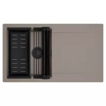HD Onyx Tortora 86 egymedencés mosogatótálca szett, matt fekete csepegtetőráccsal és kosárral, csepegtetőtálcával, tortora színben, matt fekete leeresztő szifonnal