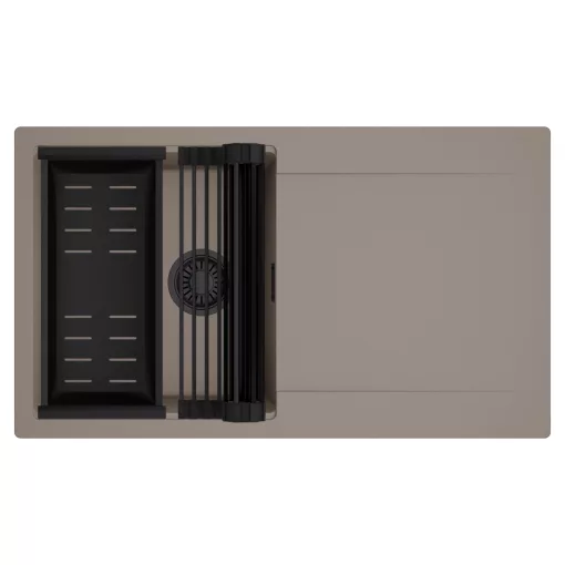 HD Onyx Tortora 86 egymedencés mosogatótálca szett, matt fekete csepegtetőráccsal és kosárral, csepegtetőtálcával, tortora színben, matt fekete leeresztő szifonnal