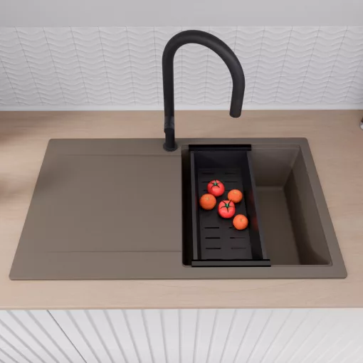 HD Onyx Tortora 86 egymedencés mosogatótálca szett, matt fekete csepegtetőráccsal és kosárral, csepegtetőtálcával, tortora színben, matt fekete leeresztő szifonnal