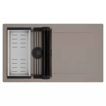 HD Onyx Tortora 86 egymedencés mosogatótálca szett, matt fekete csepegtetőráccsal és krómozott kosárral, csepegtetőtálcával, tortora színben, matt fekete leeresztő szifonnal