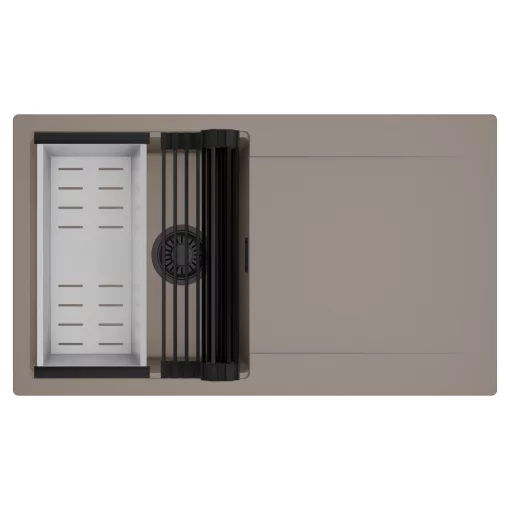 HD Onyx Tortora 86 egymedencés mosogatótálca szett, matt fekete csepegtetőráccsal és krómozott kosárral, csepegtetőtálcával, tortora színben, matt fekete leeresztő szifonnal