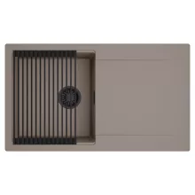 HD Onyx Tortora 86 egymedencés mosogatótálca szett, matt fekete csepegtetőráccsal, csepegtetőtálcával, tortora színben, matt fekete leeresztő szifonnal