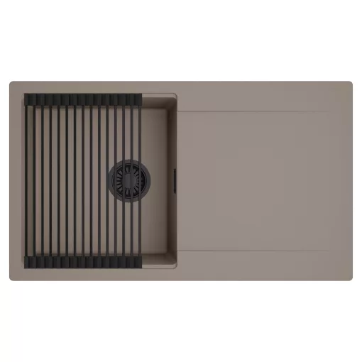 HD Onyx Tortora 86 egymedencés mosogatótálca szett, matt fekete csepegtetőráccsal, csepegtetőtálcával, tortora színben, matt fekete leeresztő szifonnal