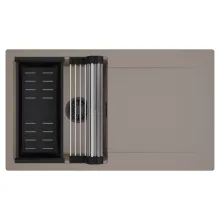 HD Onyx Tortora 86 egymedencés mosogatótálca szett, acél csepegtetőráccsal és matt fekete kosárral, csepegtetőtálcával, tortora színben, matt fekete leeresztő szifonnal