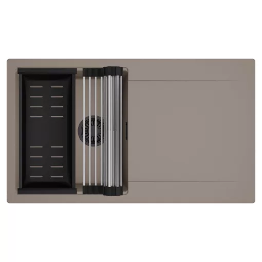 HD Onyx Tortora 86 egymedencés mosogatótálca szett, acél csepegtetőráccsal és matt fekete kosárral, csepegtetőtálcával, tortora színben, matt fekete leeresztő szifonnal