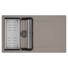 HD Onyx Tortora 86 egymedencés mosogatótálca szett, acél csepegtetőráccsal és kosárral, csepegtetőtálcával, tortora színben, matt fekete leeresztő szifonnal