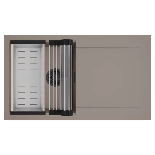 HD Onyx Tortora 86 egymedencés mosogatótálca szett, acél csepegtetőráccsal és kosárral, csepegtetőtálcával, tortora színben, matt fekete leeresztő szifonnal