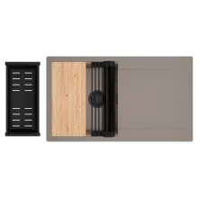 HD Onyx Tortora 86 egymedencés gránit mosogatótálca szett, csepegtetőtálcával, vágódeszkával, matt fekete csepegtetőráccsal és kosárral, tortora színben, matt fekete leeresztő szifonnal