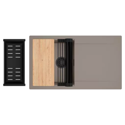 HD Onyx Tortora 86 egymedencés gránit mosogatótálca szett, csepegtetőtálcával, vágódeszkával, matt fekete csepegtetőráccsal és kosárral, tortora színben, matt fekete leeresztő szifonnal