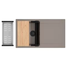 HD Onyx Tortora 86 egymedencés gránit mosogatótálca szett, csepegtetőtálcával, vágódeszkával, matt fekete csepegtetőráccsal és krómozott kosárral, tortora színben, matt fekete leeresztő szifonnal