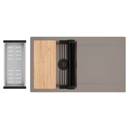 HD Onyx Tortora 86 egymedencés gránit mosogatótálca szett, csepegtetőtálcával, vágódeszkával, matt fekete csepegtetőráccsal és krómozott kosárral, tortora színben, matt fekete leeresztő szifonnal