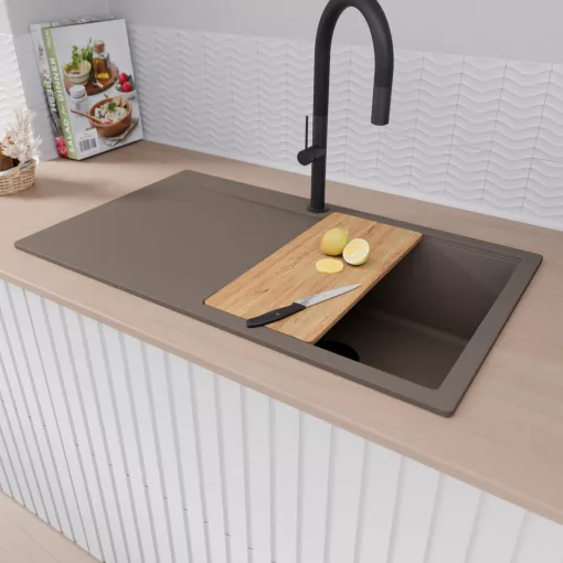 HD Onyx Tortora 86 egymedencés gránit mosogatótálca szett, csepegtetőtálcával, vágódeszkával, matt fekete csepegtetőráccsal és krómozott kosárral, tortora színben, matt fekete leeresztő szifonnal