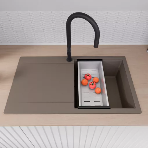 HD Onyx Tortora 86 egymedencés gránit mosogatótálca szett, csepegtetőtálcával, vágódeszkával, matt fekete csepegtetőráccsal és krómozott kosárral, tortora színben, matt fekete leeresztő szifonnal