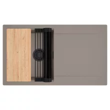 HD Onyx Tortora 86 egymedencés gránit mosogatótálca szett, csepegtetőtálcával, vágódeszkával, matt fekete csepegtetőráccsal, tortora színben, matt fekete leeresztő szifonnal