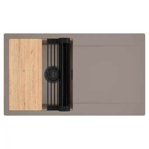 HD Onyx Tortora 86 egymedencés gránit mosogatótálca szett, csepegtetőtálcával, vágódeszkával, matt fekete csepegtetőráccsal, tortora színben, matt fekete leeresztő szifonnal