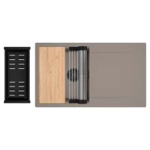 HD Onyx Tortora 86 egymedencés gránit mosogatótálca szett, csepegtetőtálcával, vágódeszkával, acél csepegtetőráccsal és matt fekete kosárral, tortora színben, matt fekete leeresztő szifonnal