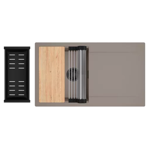 HD Onyx Tortora 86 egymedencés gránit mosogatótálca szett, csepegtetőtálcával, vágódeszkával, acél csepegtetőráccsal és matt fekete kosárral, tortora színben, matt fekete leeresztő szifonnal