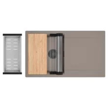 HD Onyx Tortora 86 egymedencés gránit mosogatótálca szett, csepegtetőtálcával, vágódeszkával, acél csepegtetőráccsal és kosárral, tortora színben, matt fekete leeresztő szifonnal