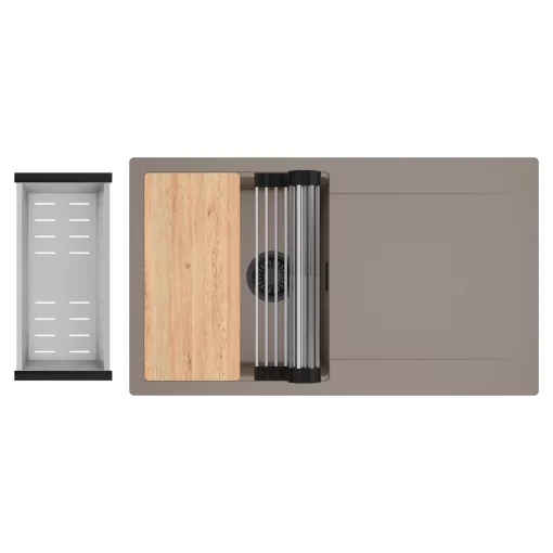 HD Onyx Tortora 86 egymedencés gránit mosogatótálca szett, csepegtetőtálcával, vágódeszkával, acél csepegtetőráccsal és kosárral, tortora színben, matt fekete leeresztő szifonnal