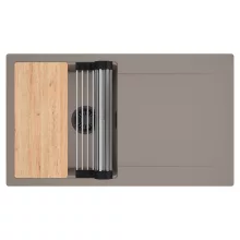 HD Onyx Tortora 86 egymedencés gránit mosogatótálca szett, csepegtetőtálcával, vágódeszkával, acél csepegtetőráccsal, tortora színben, matt fekete leeresztő szifonnal