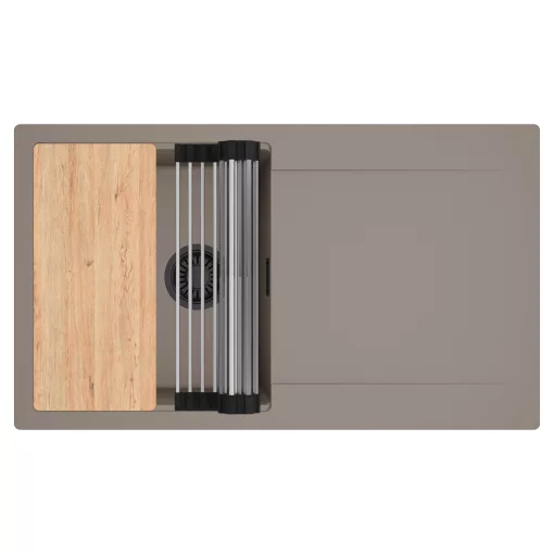 HD Onyx Tortora 86 egymedencés gránit mosogatótálca szett, csepegtetőtálcával, vágódeszkával, acél csepegtetőráccsal, tortora színben, matt fekete leeresztő szifonnal