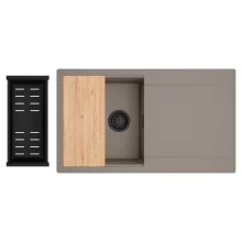 HD Onyx Tortora 86 egymedencés gránit mosogatótálca szett, csepegtetőtálcával, vágódeszkával, matt fekete csepegtetőkosárral, tortora színben, matt fekete leeresztő szifonnal