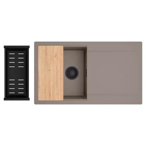 HD Onyx Tortora 86 egymedencés gránit mosogatótálca szett, csepegtetőtálcával, vágódeszkával, matt fekete csepegtetőkosárral, tortora színben, matt fekete leeresztő szifonnal