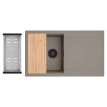 HD Onyx Tortora 86 egymedencés gránit mosogatótálca szett, csepegtetőtálcával, vágódeszkával, acél csepegtetőkosárral, tortora színben, matt fekete leeresztő szifonnal