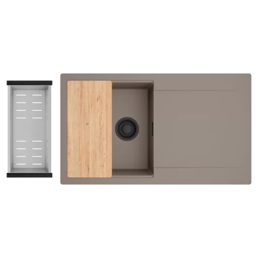 HD Onyx Tortora 86 egymedencés gránit mosogatótálca szett, csepegtetőtálcával, vágódeszkával, acél csepegtetőkosárral, tortora színben, matt fekete leeresztő szifonnal