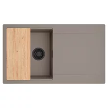 HD Onyx Tortora 86 egymedencés gránit mosogatótálca, vágódeszkával, tortora színben, matt fekete leeresztő szifonnal
