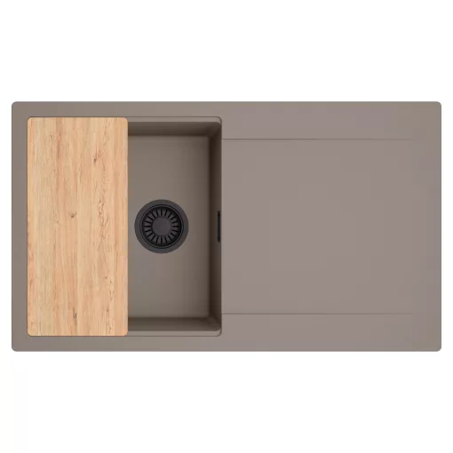 HD Onyx Tortora 86 egymedencés gránit mosogatótálca, vágódeszkával, tortora színben, matt fekete leeresztő szifonnal
