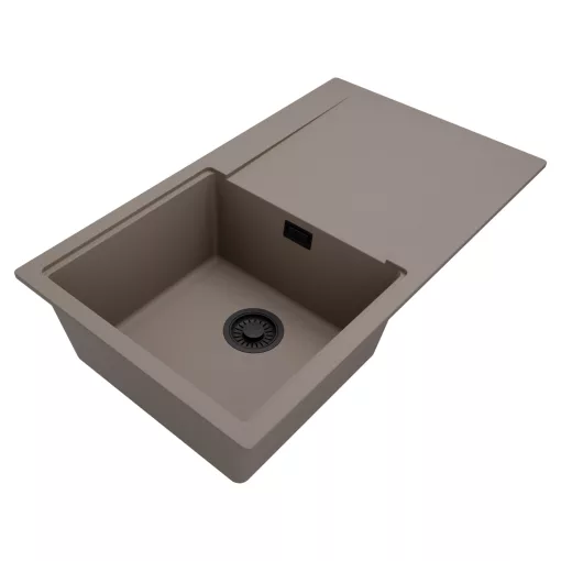 HD Onyx Tortora 86 egymedencés gránit mosogatótálca, vágódeszkával, tortora színben, matt fekete leeresztő szifonnal