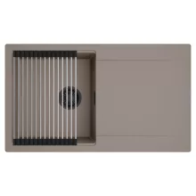 HD Onyx Tortora 86 egymedencés mosogatótálca szett, acél csepegtetőráccsal, csepegtetőtálcával, tortora színben, matt fekete leeresztő szifonnal