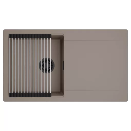 HD Onyx Tortora 86 egymedencés mosogatótálca szett, acél csepegtetőráccsal, csepegtetőtálcával, tortora színben, matt fekete leeresztő szifonnal