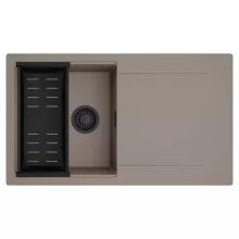 HD Onyx Tortora 86 egymedencés mosogatótálca szett, matt fekete csepegtetőkosárral, csepegtetőtálcával, tortora színben, matt fekete leeresztő szifonnal