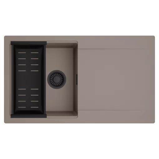 HD Onyx Tortora 86 egymedencés mosogatótálca szett, matt fekete csepegtetőkosárral, csepegtetőtálcával, tortora színben, matt fekete leeresztő szifonnal