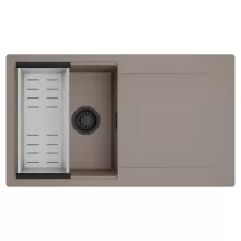 HD Onyx Tortora 86 egymedencés mosogatótálca szett, acél csepegtetőkosárral, csepegtetőtálcával, tortora színben, matt fekete leeresztő szifonnal