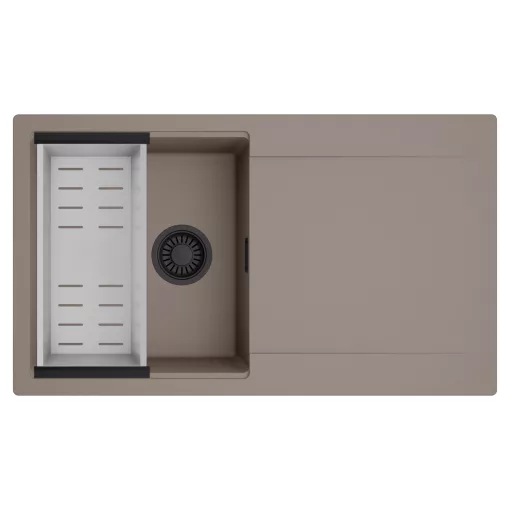 HD Onyx Tortora 86 egymedencés mosogatótálca szett, acél csepegtetőkosárral, csepegtetőtálcával, tortora színben, matt fekete leeresztő szifonnal