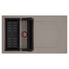 HD Onyx Tortora 86 egymedencés mosogatótálca szett, matt fekete csepegtetőráccsal és kosárral, csepegtetőtálcával, tortora színben, szálcsiszolt réz leeresztő szifonnal